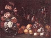 Still life of Roses and convulvuli in a Glass vase,Together with peaches,grapes,pears and plums unknow artist